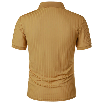 Men's running sports fitness wear summer high stretch vertical short-sleeved POLO shirt slim knit base shirt