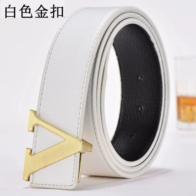Men's high-end belt with smooth buckle; Korean style fashion trend letter V belt; men's belt