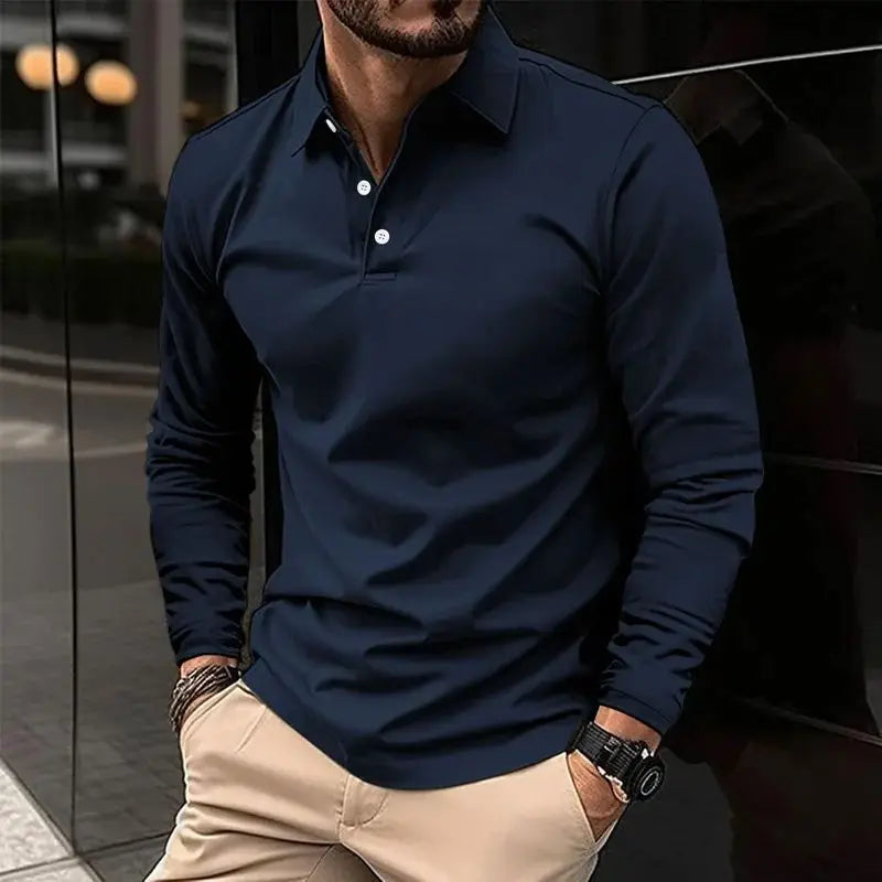 Men's Solid Color Long Sleeved Polo Shirt Spring and Autumn New Product Simple Exquisite Loose and Casual Men's Top