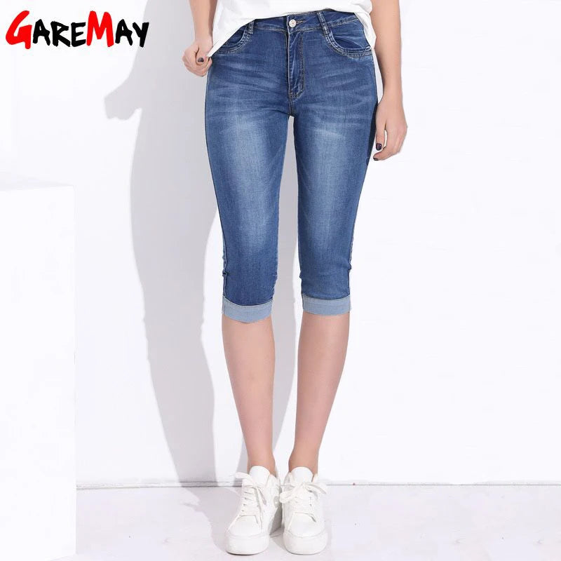 Plus Size Skinny Capris Jean Women Female Stretch Knee Length Denim Trouser