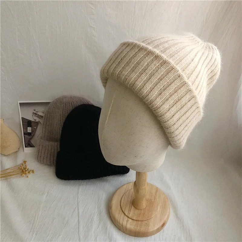 Winter Dome Brimless Casual Hat Warm Rabbit Fur Knit Hat women's double-layer Thick Wool Hat Casual Hat Toe Cap Cold Hat 4m868