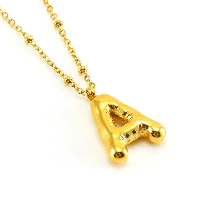 Vintage Stainless Steel Balloon Bubble Chunky Letter Necklace for Women 18K Gold