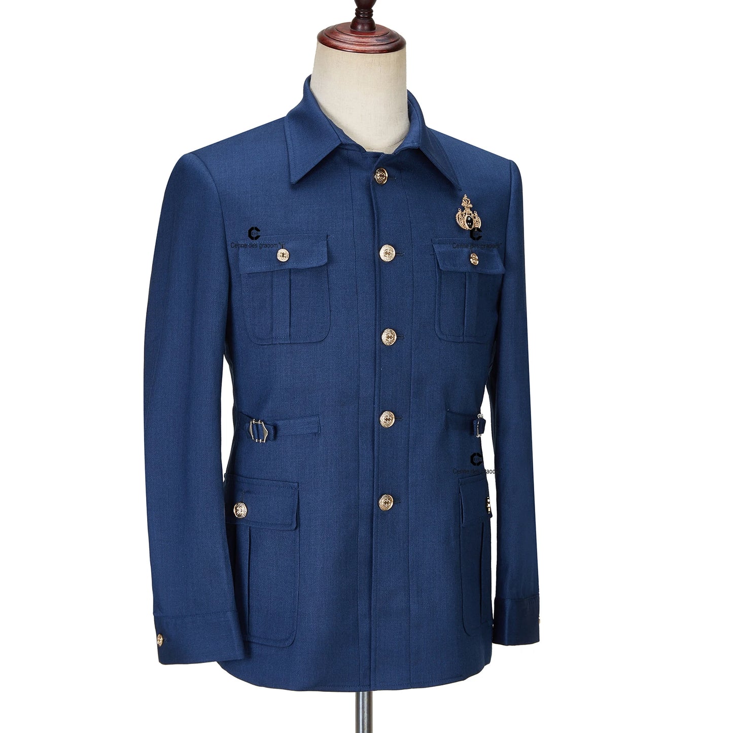 Tuxedo for Mens: Blue Safari Men Suits Gold Button Square Collar Tailor