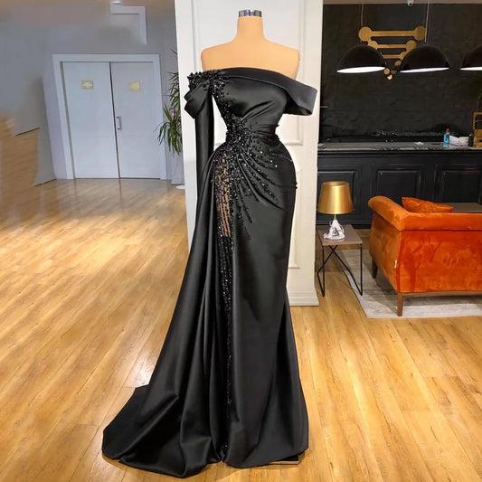 Lily Off-shoulder Black Pageant Party Gown Luxury Pearls Evening Dress Formal Dress