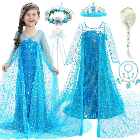 Sequin Elsa Dress with Long Cloak For Girls Halloween Princess Theme Party Frock Kids Carnival Fantasy Costume Fancy Outfits