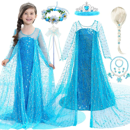 Sequin Elsa Dress with Long Cloak For Girls Halloween Princess Theme