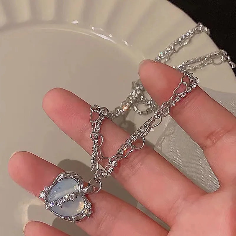 Y2K Retro Kpop Silver Color Pendant Necklaces For Women Gothic Zircon Heart Cross