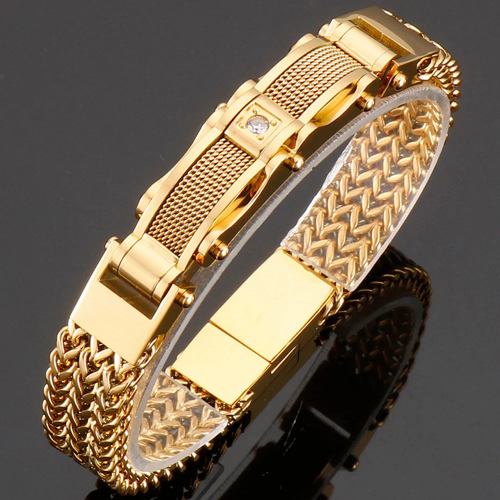 Luxury Bracelet for Men Gold Color 12MM Wide Stainless Steel Square Franco Link Chain Men's Wrist Bracelets With Magnet Clasp