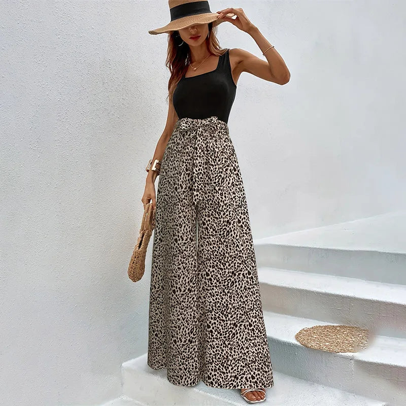 Fashion Vintage Leopard Print Wide-leg Pants Women Casual High-waisted Trouser