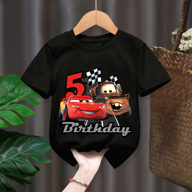 Lightning Mcqueen Boys T Shirt Kids Clothes Birthday Number 1-9 Print Children's Clothing Party Wear Cotton Tops Disney Cars Tee
