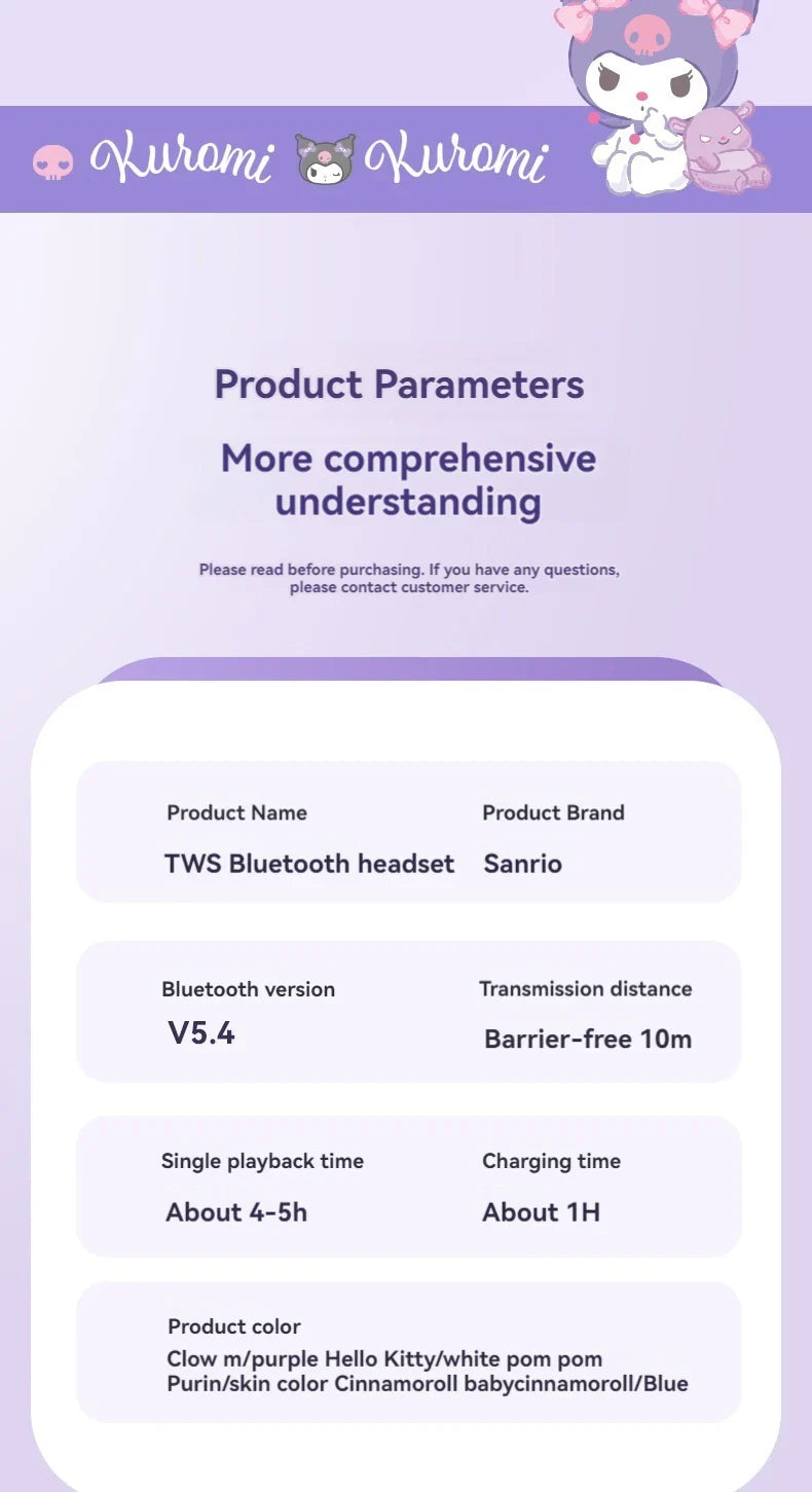 Sanrio TWS Earbuds BL48 Kuromi Bluetooth Earphones Cinnamoroll Wireless Headset Hello Kitty Sport Noise Reduction Game Headphone