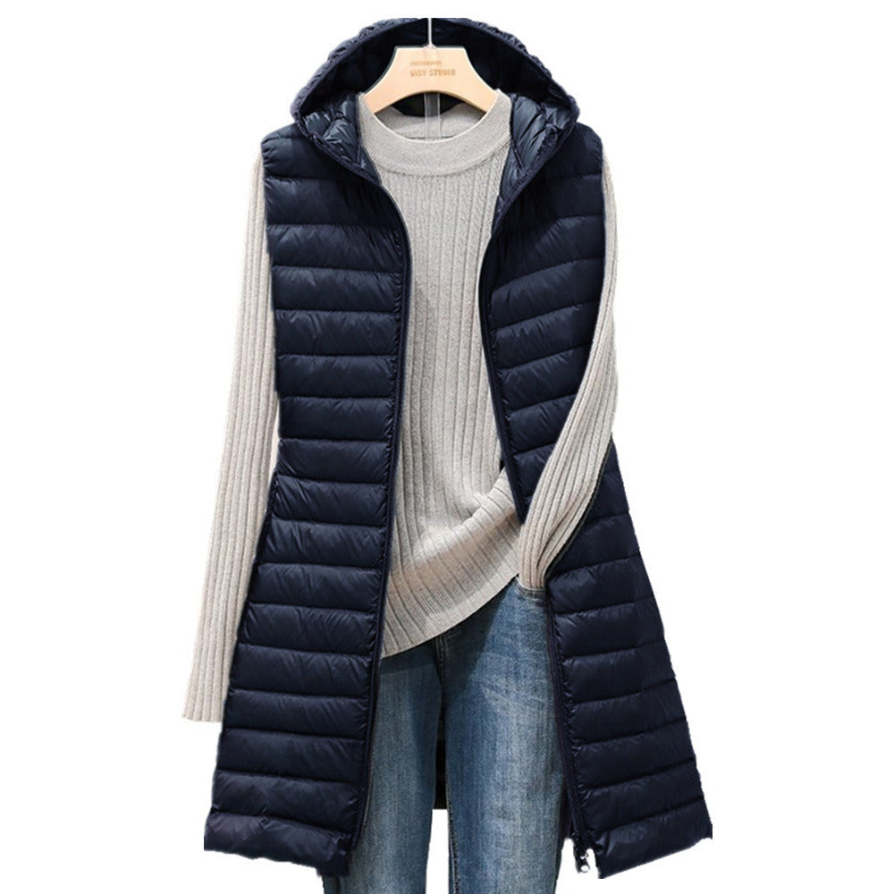 female autumn and winter medium long hooded light down padded jacket waistcoat