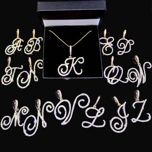Fashion 26 Cursive Initial Letter Zircon Pendant Necklace For Women Shiny Crystal Alphabet Rope Chain Necklace Hip Hop Jewelry