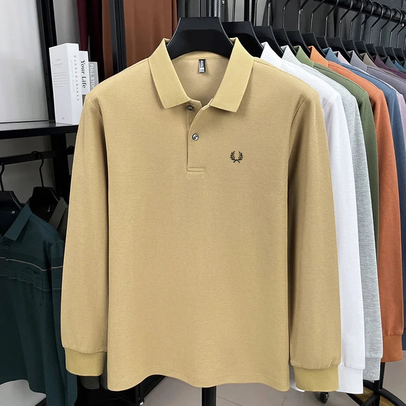 100% pure cotton high-end brand men's long sleeved polo shirt autumn fashion hot selling wheat embroidery golf business T-shirt