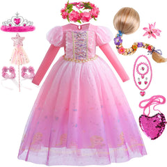 Girl Rapunzel Costume Tangled Long Sleeve Princess Dress Children Luxury Print Ball