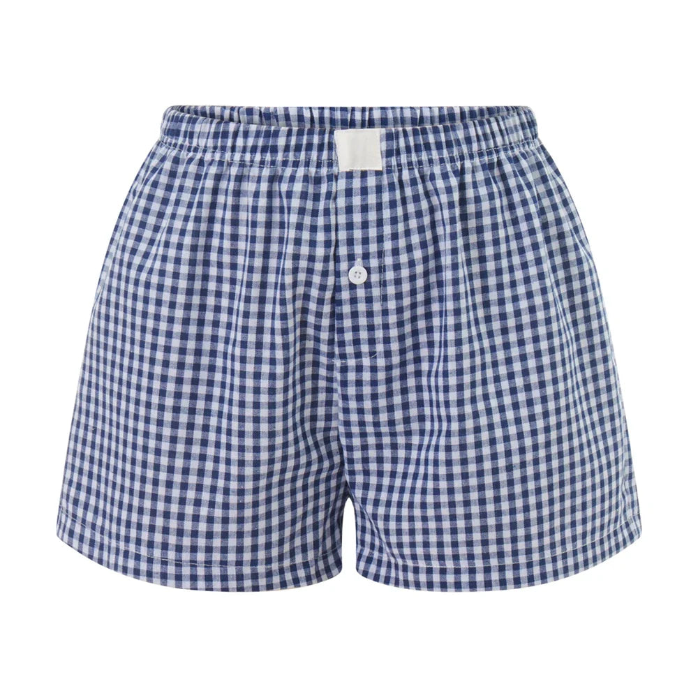 Women’s Y2K Retro Cleanfit Plaid Print Elastic Low Waist Button Front Aesthetic Loungewear Loose Shorts Boxers Streetwear