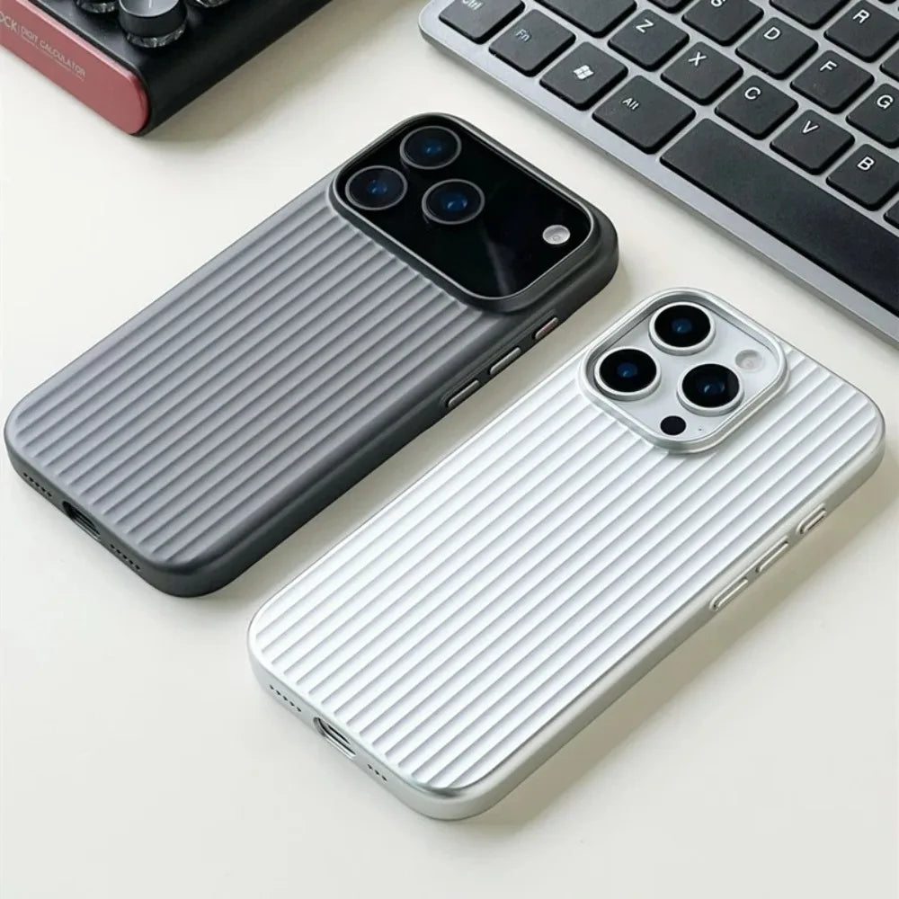 Stripes Metallic Paint Armor Case For iPhone 17 Air 16 15 14 13 Pro Max Shockproof Camera Protective Slim Matte PC Funda