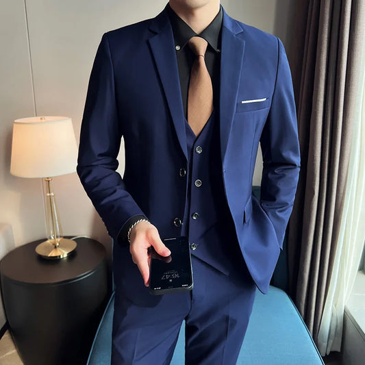 Tuxedo for Mens: Men (suit + vest + trousers) slim-fit business casual solid color