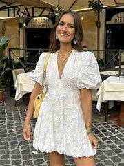 Women Elegant White Dress Short Sleeve V Neck Embroidered Mini Dresses