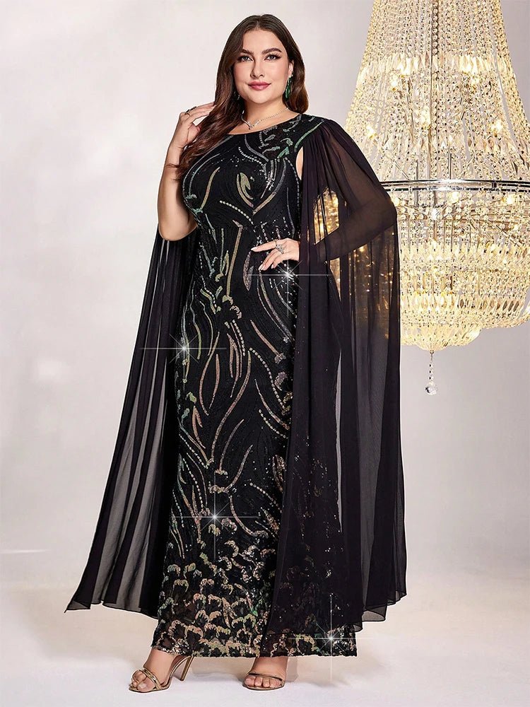 TOLEEN Women Plus Size Maxi Dresses Queen Aura Sequin High-Waisted Plus-Size Party ress Luxury Cape sleeves Elegant Dress