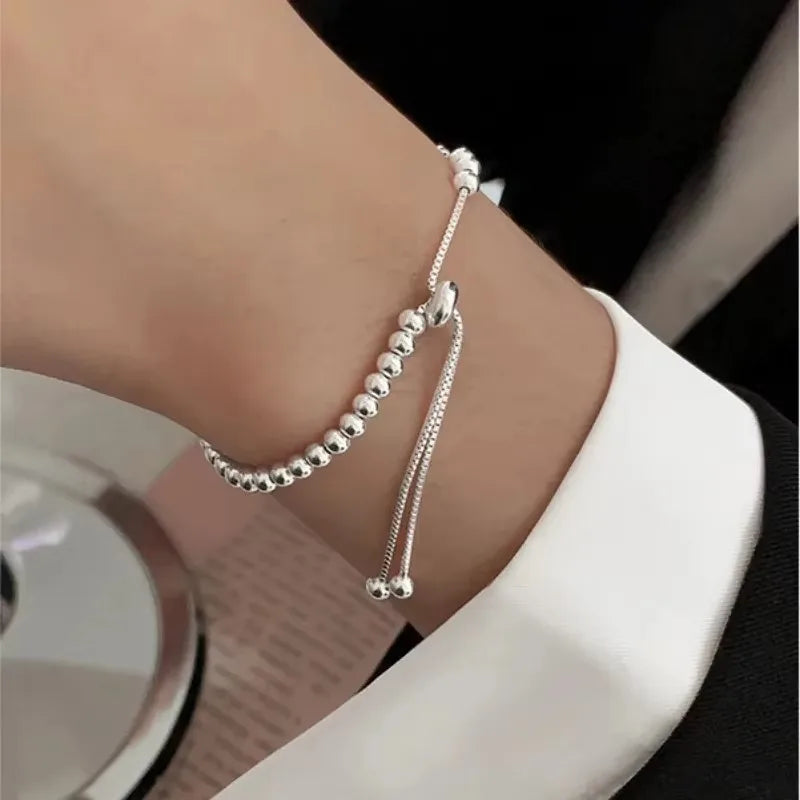 100% Solid 925 Sterling Silver Metal Bracelets for Women Men Beads Adjustable Handmade Simple Bracelet Birthday Christmas Gifts