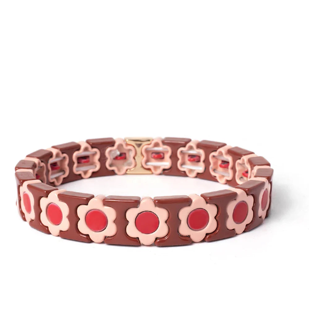 New Design Colorful Flower Charms Bangle For Women Handmade Bohemian Elastic Flower Bracelets Metal Beads Jewelry