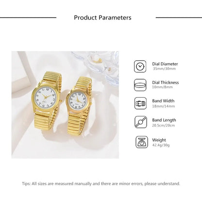 2 PCS Of Gold Retro Round Pointer Quartz Watch Classic Simulation Elastic Band Watch Suitable For Both Male And Female Couples