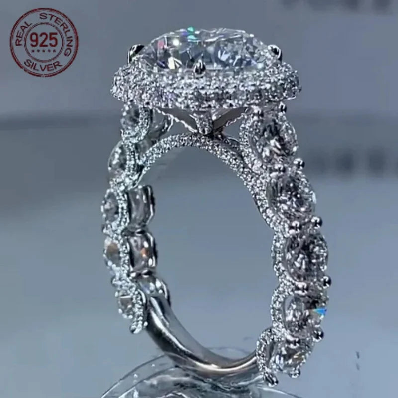 925 Silver Rings For Women Halo Engagement Ring Round Cut AAAAA Zircon Platinum Plated Female Wedding Band Jewelry Gift