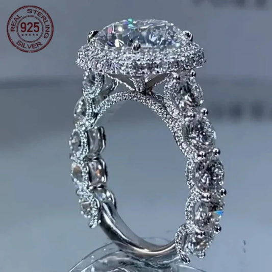 925 Silver Rings For Women Halo Engagement Ring Round Cut AAAAA Zircon Platinum Plated Female Wedding Band Jewelry Gift
