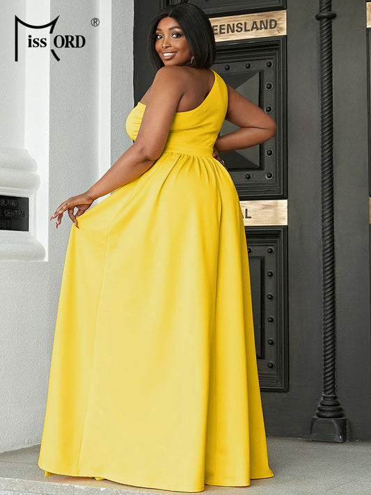 Missord Yellow Plus Size Prom Dress Women Elegant One Shoulder Flower