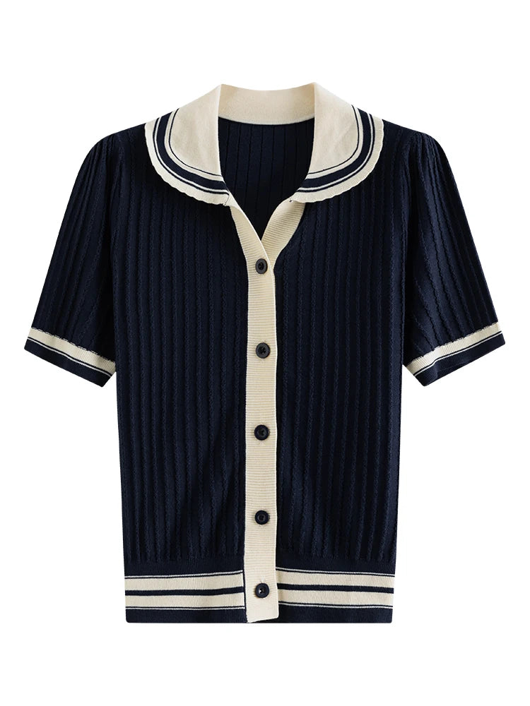 College Style Contrast Polo Collar Knitted Cardigan Women Knitwear