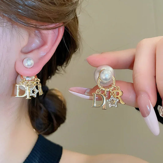 Retro Luxury Tassel Letter Pearl Earrings Women's Fashion Versatile Elegant High-End Feelings Front And Back Stud Earrings