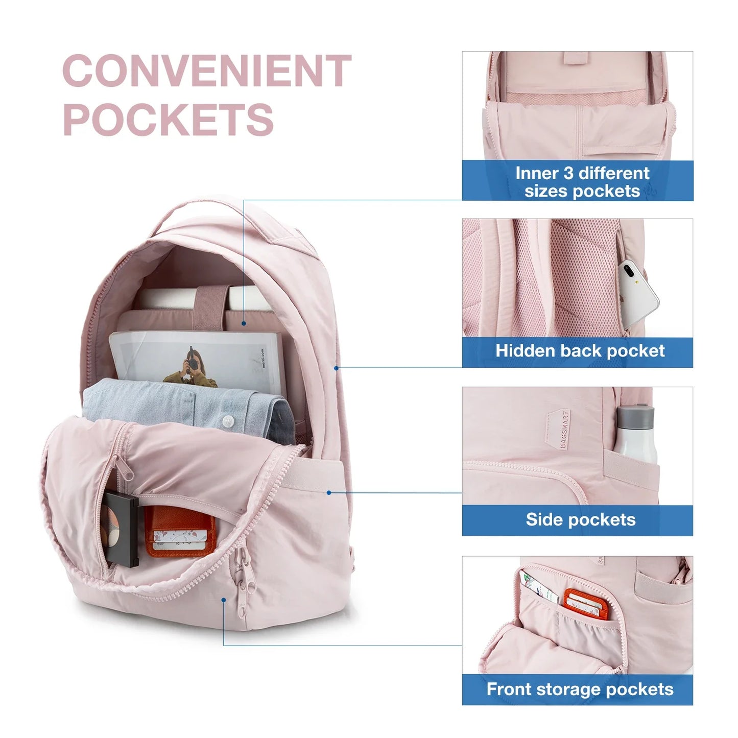 BAGSMART Women's Backpack 13 Inch Laptop Bag Cute Kawaii School Bag Anti Theft Waterproof Nylon Travel Backpacks Women Book Bag