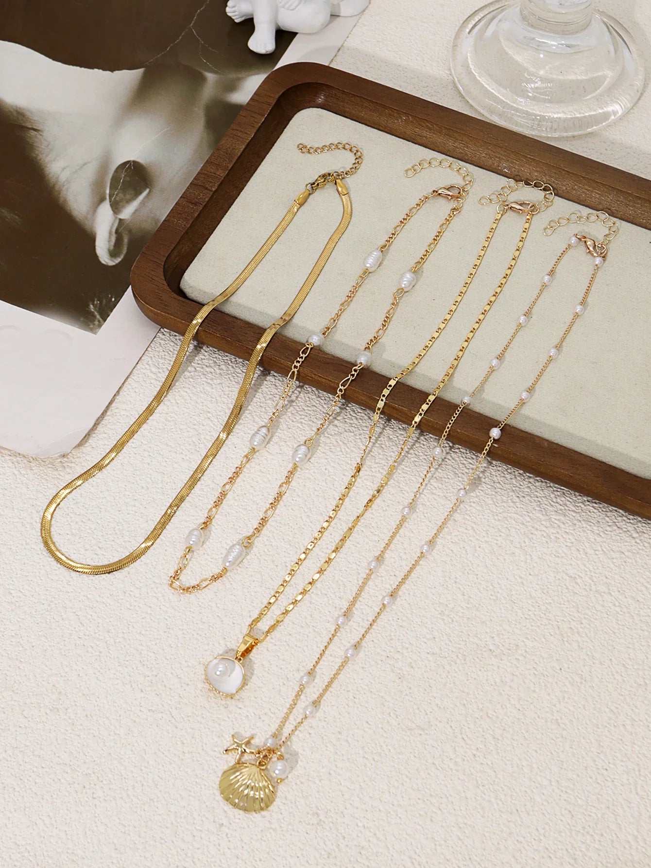 Vintage Shiny Shell Starfish Pendant Necklace for Women Simple Multilayer Thin Chain Choker Bridal Neck Jewelry