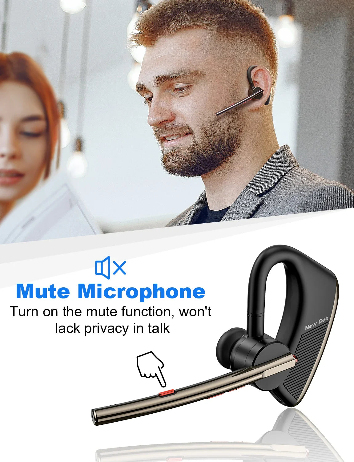 New Bee M50 Bluetooth Headset Wireless Earpiece Earphones 24 Hrs Talk Time V5.2 Headphones with Dual Mic CVC8.0 Handsfree