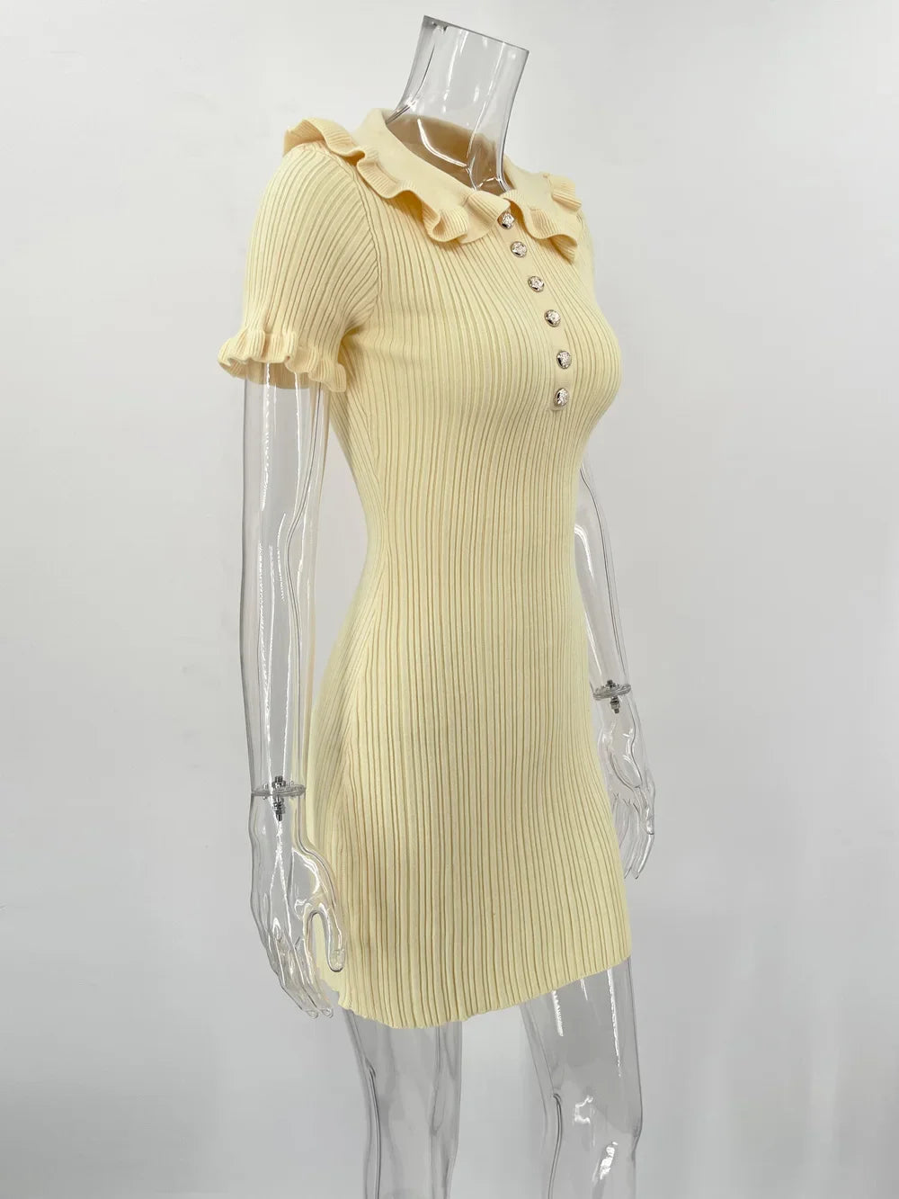 Tornova Ruffled Knitted Mini Dresses For Women High Waist Summer 2025 New Short Sleeve Dress Bodycon Female Retro Elegant Dress