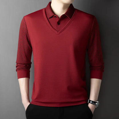 2025 New Men's Casual and Fashionable Long Sleeved Solid Color Fake Two-piece Polo Shirt Business All Season Versatile Top