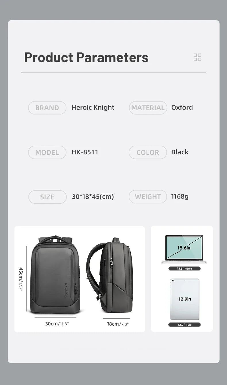 Heroic Knight Multifunctional Men's Backpack 15.6" Laptop Backpack Waterproof Large Capacity Work Travel Backpack with USB Port