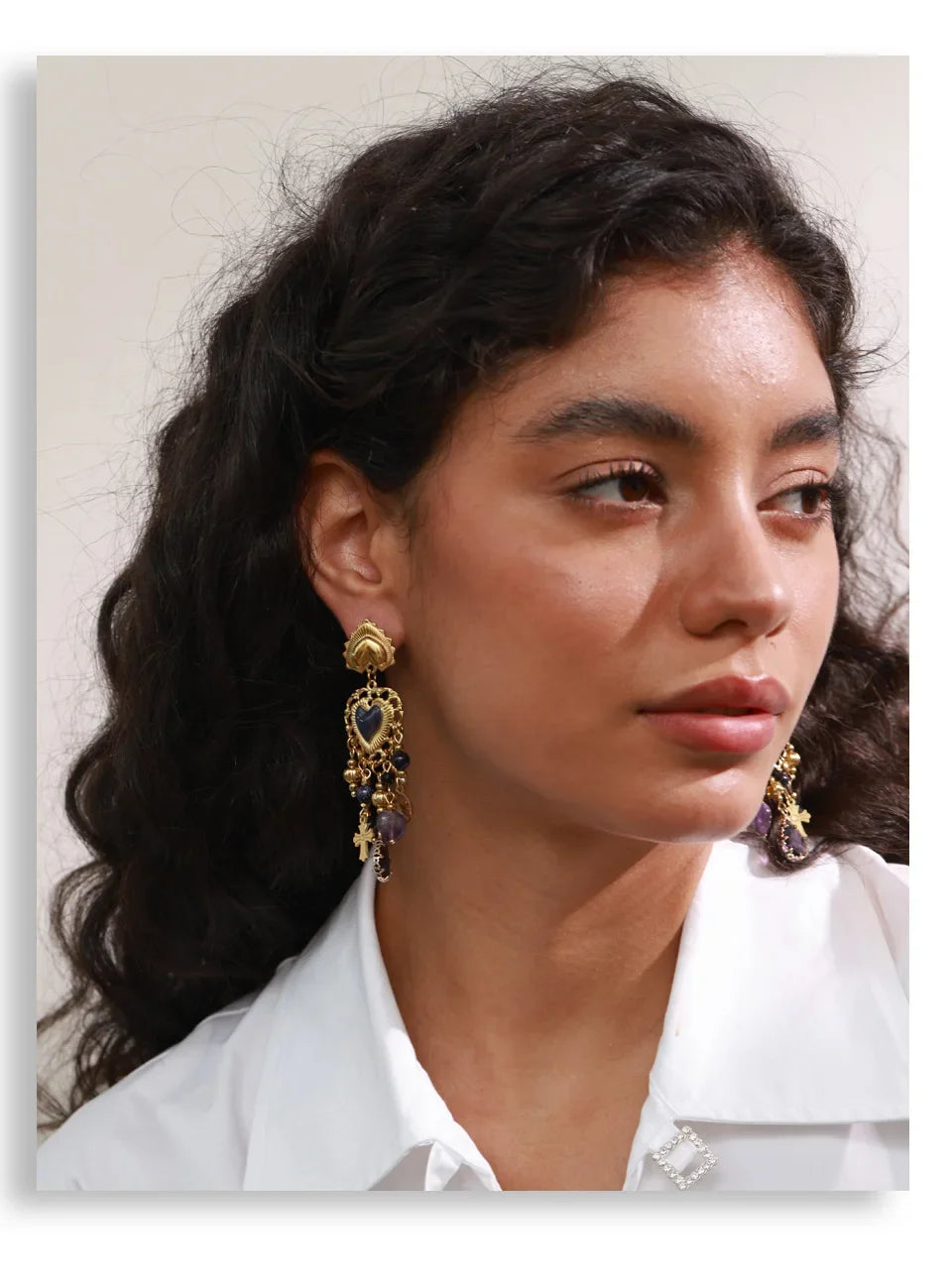 Yhpup Vintage Stainless Steel Heart Cross Key Charm Pendant Drop Earrings Golden Plated Crystal Resin Stone Waterproof Jewelry