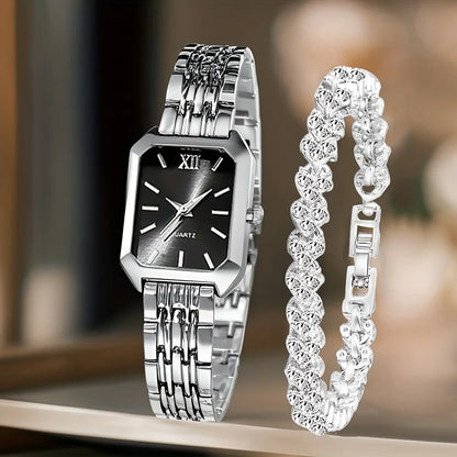 2PCS Fashion Rectangle Women Quartz Watch Rhinestone Bracelet Set Ladies Roma Dial Wristwatch Reloj Mujer Girls Clock Gift