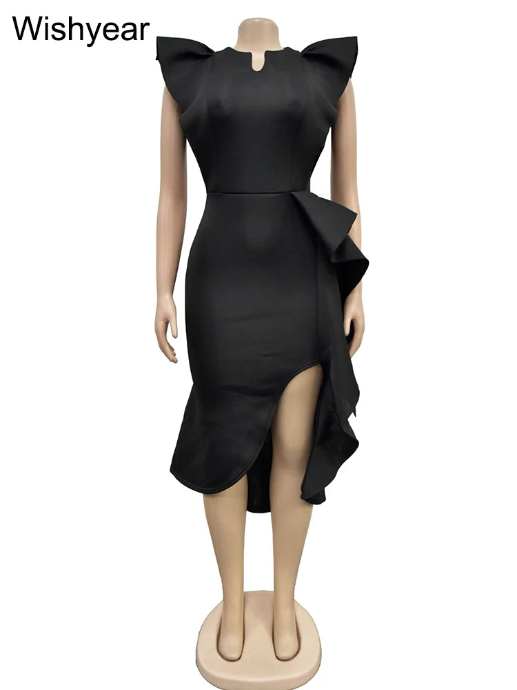 Flare Short Sleeve High Side Split Ruffles Bodycon Midi Dress Women Autumn