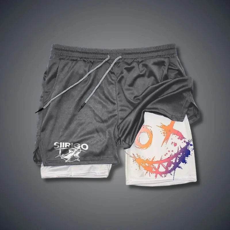 2024 Men's Smiling Face Printed Fitness Shorts Double-Layer 2-in-1 Quick Drying Fitness Outdoor Leisure Training Sports Shorts