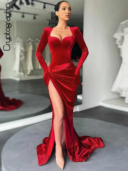 Elegant Gown Long Dress Evening Club Outfits for Women Gloves Sleeve Velvet Slit Dress