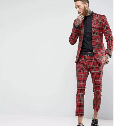 Tuxedo for Mens: Slim Fit Men Suit Two-piece (Jacket+Pants) Plaid Male Formal Wedding