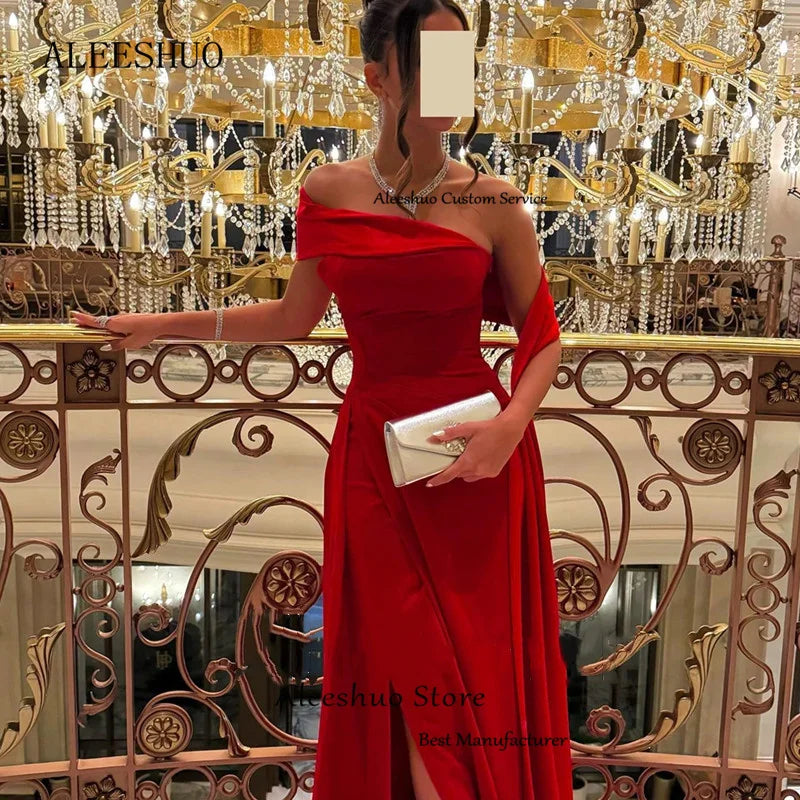 Homecoming Dresses: A-Line Red Long Prom Dress Pleated Off The Shoulder