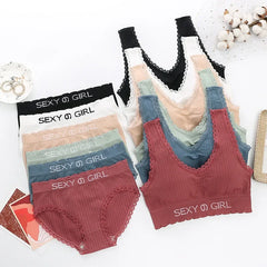 Seamless Cotton Bralette Set Mid-waist Panties Women Wireless Underwear