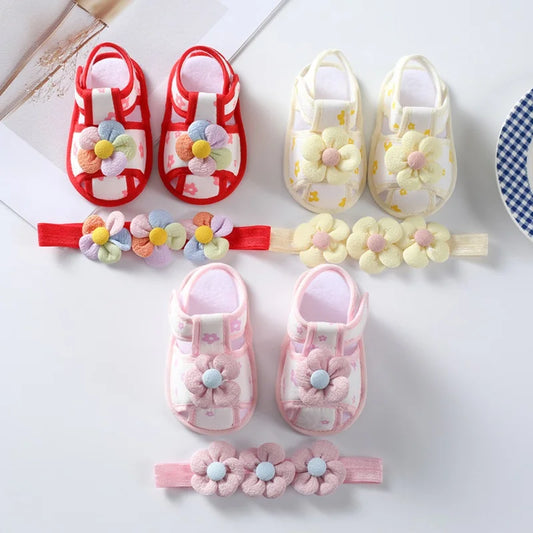 Baby Girl Shoes First Walkers Newborn Learning Walking Shoes Flower Decoration Soft Bottom Sandals With Headband Princess Shoes