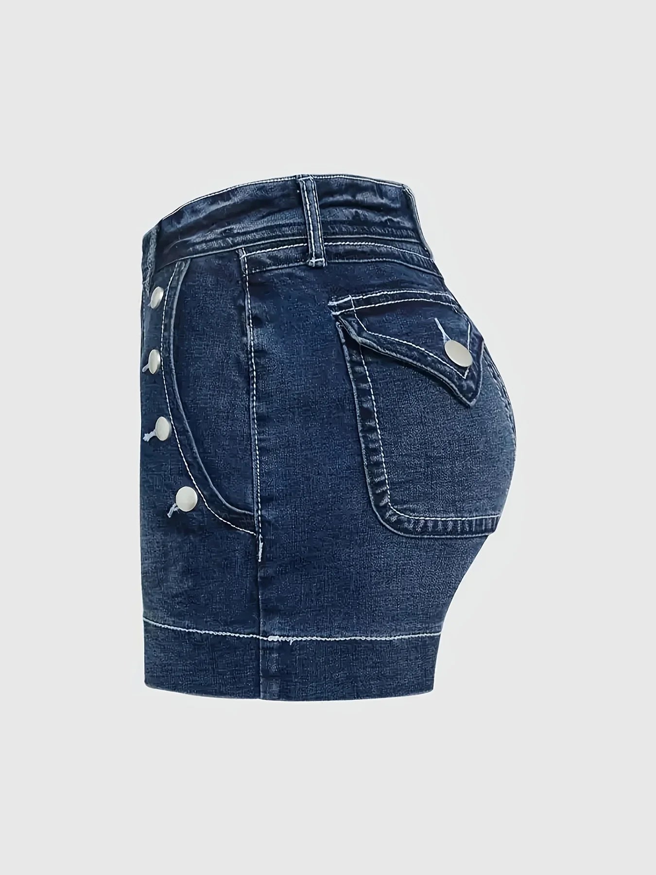 Ladies Mid-Waist Blue Elastic Denim Shorts with Wide Hem Front Pockets Diagonal Buttons Back Pocket Cover Buttons Elegant Casual