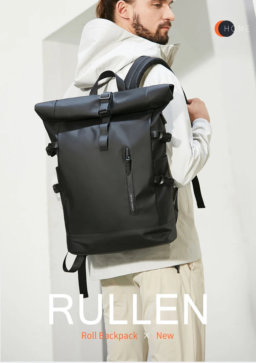 Heroic Knight Men's backpack Waterproof Roll Top Backpack Women Travel Expandable USB Charging Large Capacity Laptop Bag Mochila