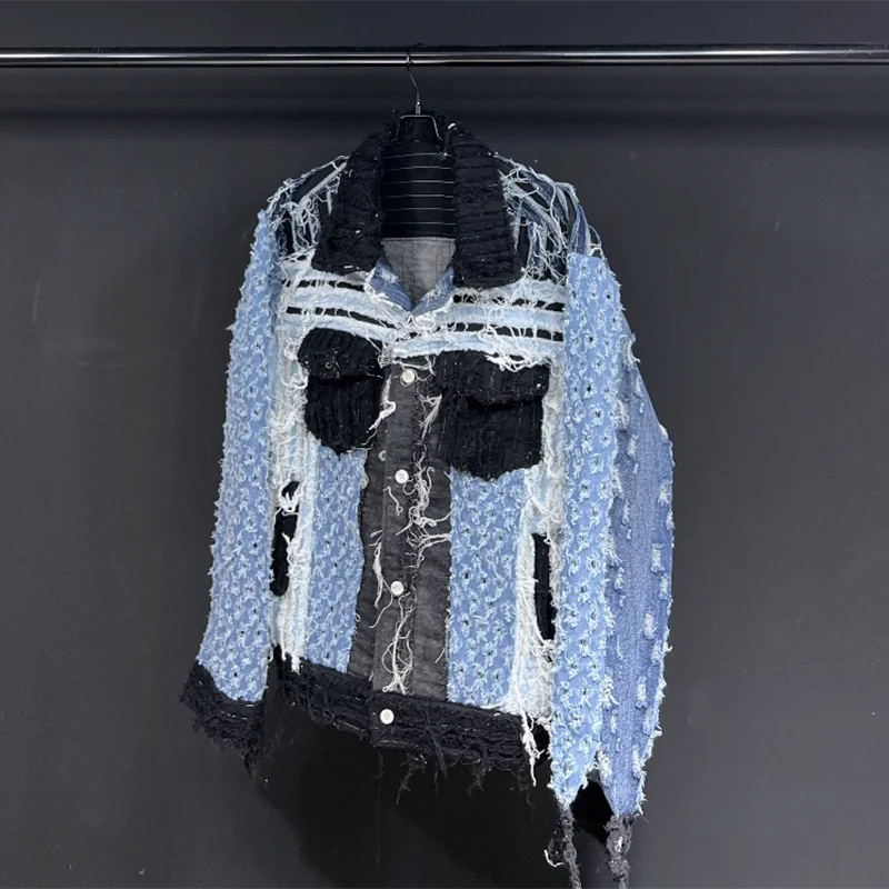 Jackets For Men Long Sleeve Patchwork Tassels Loose Single Breasted Denim Coat